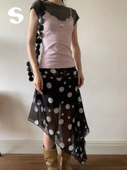 LIZAKOSHT - summer fashion on the new Korean wear black polka dot irregular mesh stitching design long skirt skirt