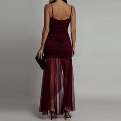 LIZAKOSHT - Perspective sleeveless high street style dress with high waist suspender mesh pleated sexy dress summer new evening dress