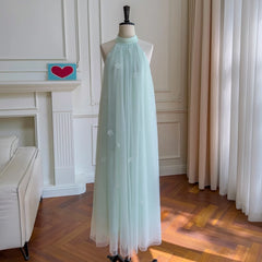 LIZAKOSHT - Elegant Light Green Jewel Halter Neck Waistband Sleeveless Prom Dress Off-shoulder Tulle Pearls Evening Party Gown for Holiday