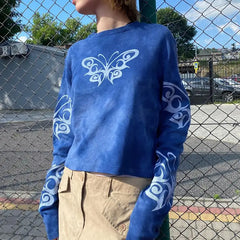 LIZAKOSHT - T-Shirt High Quality Tie-Dye Butterfly Print American Campus Style Women'S Pullover Sweatshirt Loose Slimming Hot Girl Top