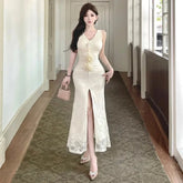 LIZAKOSHT - Elegant Dresses Women Flowers Lace Patchwork Sleeveless Halter Slim Split Temperament Party Dress Summer Fashion