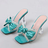 LIZAKOSHT - Fashion Pearl Bow Designer Women Slipper 2025 New Transparent PVC High Heeled Women Sandals Sexy Non Slip Mule Shoes Women Pumps