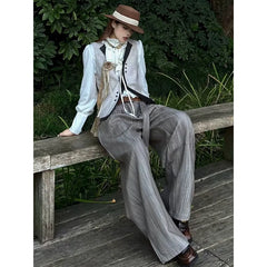 LIZAKOSHT - Women's Autumn Winter Striped High Waist Trousers Office Girl Retro Straight Pants Female Wide Leg Streetwear