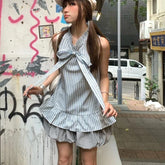 LIZAKOSHT - Spice Girl Suit Women's Summer Design Sense Striped Sleeveless Shirt and Bud Skirt Two-piece Set