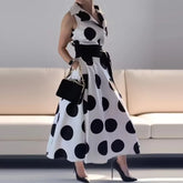 LIZAKOSHT - Fashion Polka Dot Lace-up Waist Long Dress Casual Sleeveless Pleated Party Dresses Office Elegant Lapel Collat Hem Shirts Dress