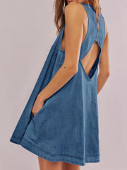 LIZAKOSHT - Spring Summer 2025 New Denim Dress Women Sundress Loose A-line Peplum Pockets Backless Casual Sleeveless Mini Dress Female 53932
