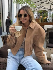 LIZAKOSHT  -  Elegant Camel Cropped Suede Jacket Women Lapel Full Sleeve Pocket Zipper Short Coat New Causal Autumn Lady Daily Streetwear 2025
