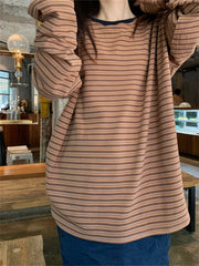 LIZAKOSHT  -  Loose Women T-Shirts Stripes All Match Full Sleeve Sweatshirt Chic Thicken Autumn Woolen Casual Vintage Outwear Tees