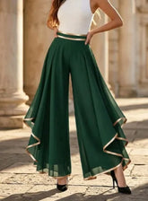 LIZAKOSHT - Summer Women Elegant High Waist Pants Fashion Gold Trim Flowy Spliced Layered Hem Casual Wide Leg Pants Lady Loose Pants