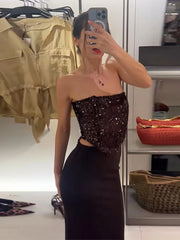 LIZAKOSHT - Sexy Sequin Patchwork Party Dress Brown Backless Sleeveless Tube Top Hollow Out Long Dresses 2025 Summer Solid High Street Robes