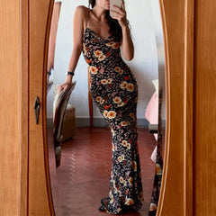 LIZAKOSHT  -  Vintage Romantic Floral Suspender Dresses Holiday Charming Sleeveless Backless Lace-up Hollow Bodycon Pleated Maxi Sundress