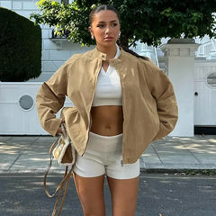 LIZAKOSHT - Women Vintage Casual Loose Cargo Jackets Stand Collar Zip-up Long Sleeve Cardigan Coats Fashion Streetwear Tops Outerwear