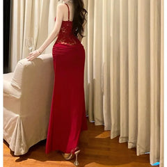LIZAKOSHT - Women's Pure Desire Wind Red Lace Waist Dress Dress