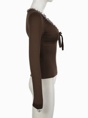 LIZAKOSHT - Vintage V-neck Lace-up T-shirts for Women Fashion Slim Long Sleeve Tees All-match Autumn Harajuku Casual Tops Coquette