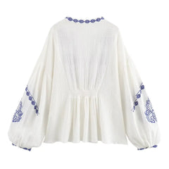 LIZAKOSHT - Boho Floral Embroidery Blouse Shirt Women Tops Vintage White Cotton Lantern Long Sleeve Deep V-neck Spring Summer Blouses Blusas