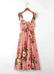 LIZAKOSHT - Women Tie Bow Strap Sleeveless Sexy Beach Robe Holiday Retro French Pink Flower Print V neck Corset Chest Style Midi Sling Dress