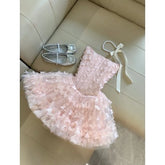 LIZAKOSHT  -  Women Strapless Pink Dress Summer Sweet Butterfly Mesh Mini Dress Slim Elegant Fairy Style Layered Ruffle Skirt Princess Outfits