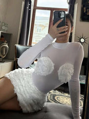 LIZAKOSHT - Flower Folds Decorated 2 Piece Set Women o-Neck Mesh Patchwork Full Sleeve Skinny Bodysuits+Mini Skirts Matching Suits