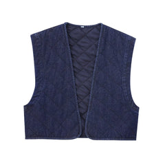 LIZAKOSHT - Casual Solid Denim Cotton Vest for Women Autumn Winter V-Neck Sleeveless Short Tops Female Waistcoat Streetwear