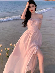 LIZAKOSHT - France Elegant Backless Chiffon Beach Dresses Korean Chic A-line Pink Fairy Dress Summer Casual Vocation Party Club Vestidos
