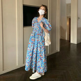 LIZAKOSHT - Vestidos Mujer Sweet Spring Summer Blue Print Floral Vintage Woman Dress Korean Fashion Puff Sleeve Long Dress