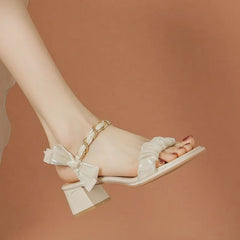 LIZAKOSHT - Sandals for Women Open Toe Footwear Office Work Summer 2024 Buckles Ladies Shoes Bow Square Heels Casual on Offer Designer Sale