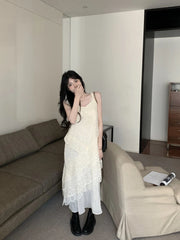 LIZAKOSHT - Summer Lace Floral Midi Dress Woman Elegant One Piece Dress Korean Fashion Beach Style Sleeveless Casual Sundress Beige