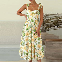 LIZAKOSHT  -  Fashion Floral Print High Waist Long Dress Casual Women Off Shoulder Pleated Beach Dress Sexy Sleeveless Holiday Suspender Dress