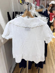 LIZAKOSHT - New Cat With Bow Embroidery Tshirt Woman Lace Trim Turn Down Collar Single Brested Shirts White Cotton Cute Puff Sleeve Tee Tops