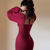 LIZAKOSHT  -  Sexy Wrap Hip Shinny Dress Women Elegant Square Collar Bodyon Office Dress Spring Autumn Lantern Sleeve Solid Mini Dress