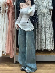 LIZAKOSHT - Y2k Aesthetic Casual Hollow Out T-shirt Women Summer Vintage Harajuku Flare Sleeve Tees Summer See Through Slim Fit Grunge Tops