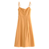 LIZAKOSHT  -  Sexy Solid Yellow Corset Style Bow Lacing up Strap Sling Dress Retro French Style Women Hem Slit Midi Long Dresses Holiday Robe