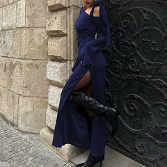 LIZAKOSHT - Women's Elegant Long Sleeve Slim Fit Solid Off Shoulder Skew Collar Strappy Side Slit Maxi Dress Casual Sexy Y2K Streetwear