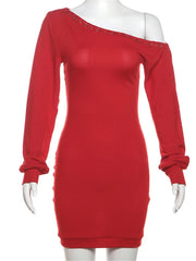 LIZAKOSHT - Autumn Hipster Inclined Shoulder Mini Dress Casual Street Outfits Women 2024 Fashion Rivet Long Sleeve Bodycon Red Dress