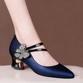 LIZAKOSHT - Leather Mid Heels,Office Lady Work Shoes,Women Pumps,Rhinestone Bowtie,Vogue Pointed Toe,34-40,Blue,Black,Dropship