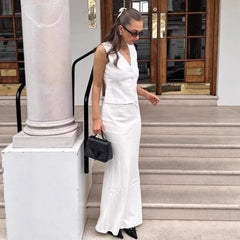 LIZAKOSHT  -  White Long Dress Set V-Neck Sleeveless Vest Top Elegant Long Skirt Set Summer Fashion Party Looks Women Long Dress Set