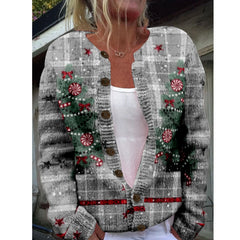 LIZAKOSHT - Women Milled Pit Christmas Tree Button Long Sleeve Lady Casual Extensions Cardigan Gray Coat