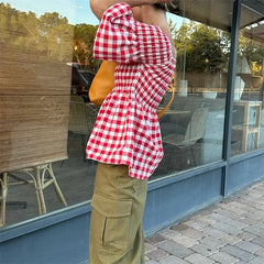 LIZAKOSHT - Peplum Blouse 2024 Summer Clothes Red Plaid Print Half Puff Off Shoulder Ruched Shirt y2k Aesthetic Clothing Streetwear