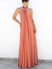 LIZAKOSHT - Casual Loose Sleeveless Beach Dress Women Solid Hollow Out Long Maxi Dress Summer Sexy Backless Solid Strap Cover Up Sundress