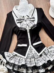 LIZAKOSHT - Preppy Style Hot Girl Y2K Splicing Color Slim Knitted Sweater + Plaid Cake Skirt Japanese Style Sweet Cute Two Piece Sets Women