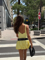 LIZAKOSHT - Yellow Ruffled Hem Patchwork Mini Dress Women Sexy Off Shoulder U-neck Backless Spaghtti Strap Dresses New Lady Chic Streetwear