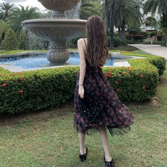 LIZAKOSHT - Summer Black Slip Dress Off Shoulder Printing Patchwork Midi Dresses Temperament Women Clothing Floral Holiday Beach Dress