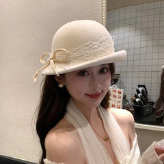 LIZAKOSHT New Autumn Winter Wool Berets Hat Women Retro Fashion Show Small Octagonal Hat Mariage Versatile Painter Hat Bow Fedoras