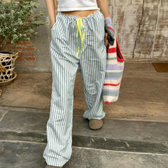 LIZAKOSHT - Women Wide Leg Pants Casual Loose Vertical Stripe Print Elastic Lounge Trousers with Pockets for Work Office Streetwear