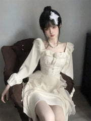 LIZAKOSHT  -  Hikigawa Spring Solid Causal Women Dress All Match Long Sleeve Slim Waist Dresses Vintage Chic Fashion Elegant Vestido De Mujer