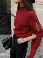 LIZAKOSHT - Chic Knitted Glove Sweater Women Casual Solid Full Sleeve Holes Stand Collar Loose Sweaters Female Fashion Lady Outwears