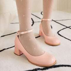 Lizakosht Lolita Sweet Girls Mary Jane Shoes Women 2024 Round Toe Ankle Strap Block Heels Party Wedding Shoes Pink White Pumps Big Size 43