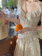 LIZAKOSHT - Spring and Summer Sweet Flying Sleeve Floral Halter Dress Female Design Sense Holiday Wind Fairy Print Long Dress