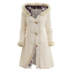 LIZAKOSHT - Women Warm Winter Knitwear Cable Knit Plaid Faux Fur Panel Hooded Coat Horn Button Long Knitted Sweater
