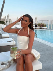 LIZAKOSHT - Women Sexy Backless Halter Mini Dress Elegant Sleeveless Puff Pleated Hem A-line Dresses 2024 Lady Slim Solid Party Evening Robe